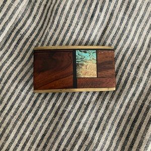Kenneth Reid Vintage 1970’s Inlaid Wood Brass & Turquoise Belt Buckle
